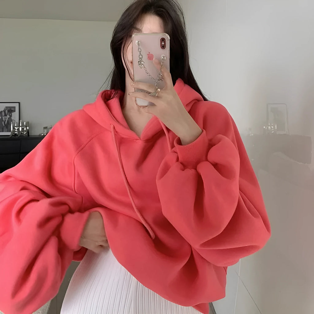 Women's mulberry silk hooded sweater in watermelon red colour with loose pullover style