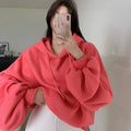 Women's mulberry silk hooded sweater in watermelon red colour with loose pullover style