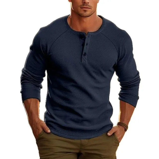 Men's Henry collar long-sleeved t-shirt in white, showing stitching craft detail and pullover style