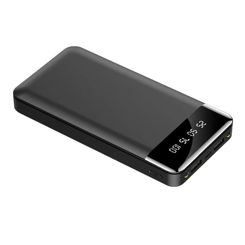 Large capacity power bank with LCD battery percentage display, dual USB outputs, and dual LED lights in black colour
