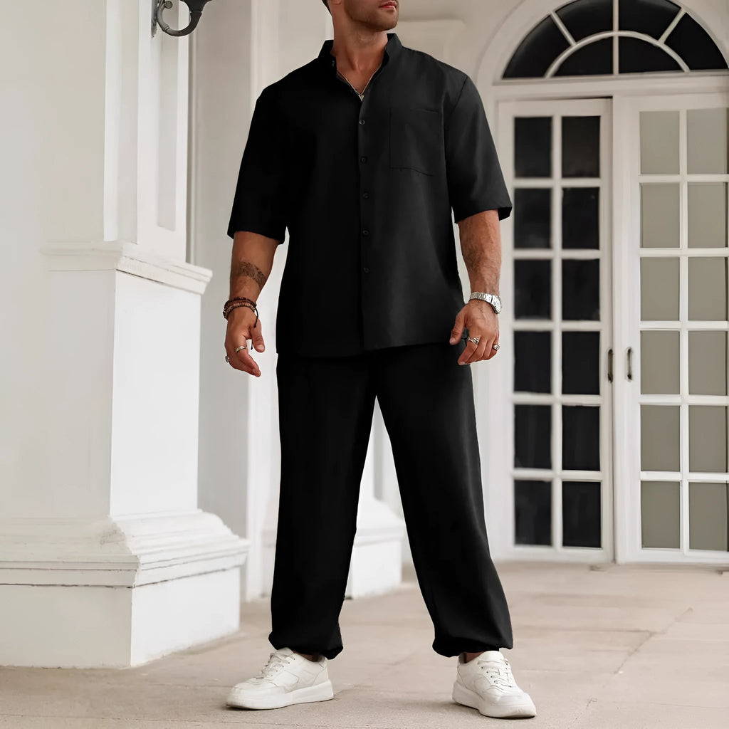 Men's casual cotton linen short-sleeved shirt and long trousers set in apricot, laid flat.