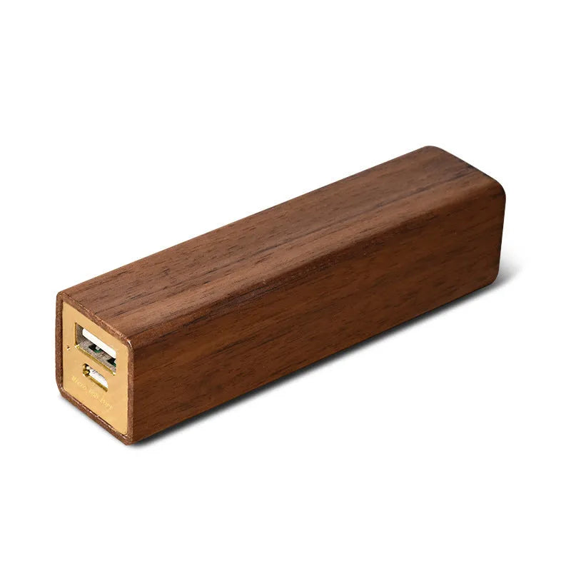 Portable black walnut solid wood power bank with 2000mAh capacity, brown colour, 100mm cylindrical design
