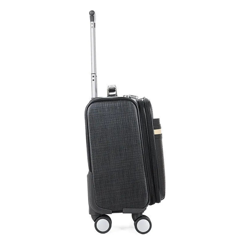 Black PU leather wheeled business case with combination lock and extendable handle.