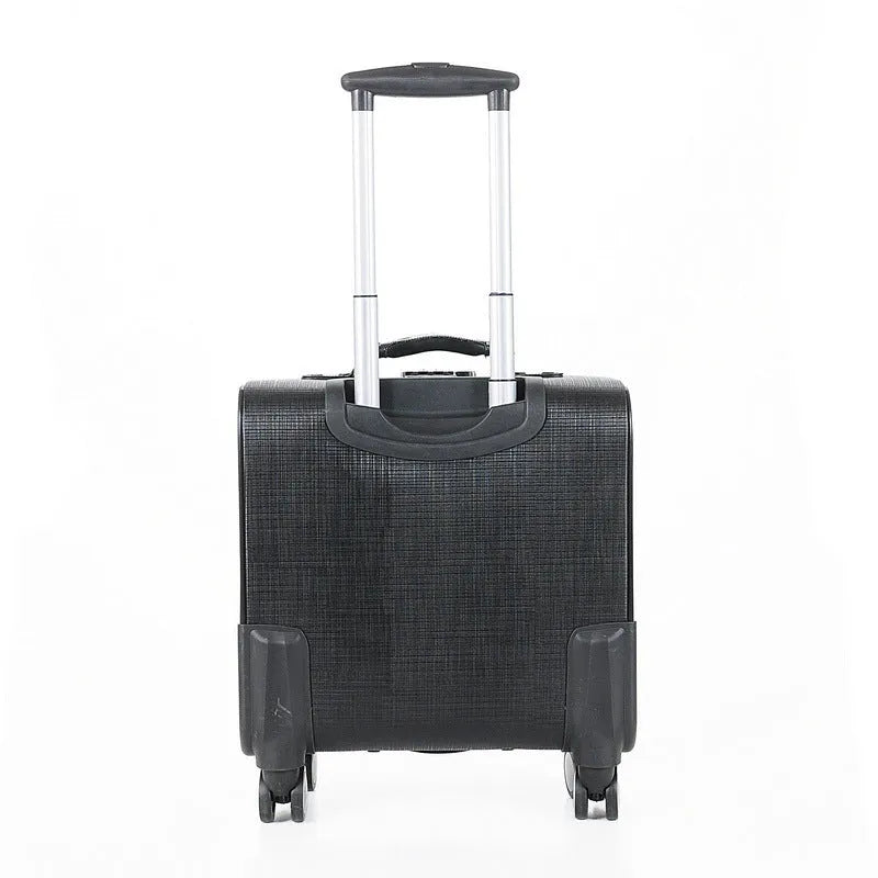 Black PU leather wheeled business case with combination lock and extendable handle.