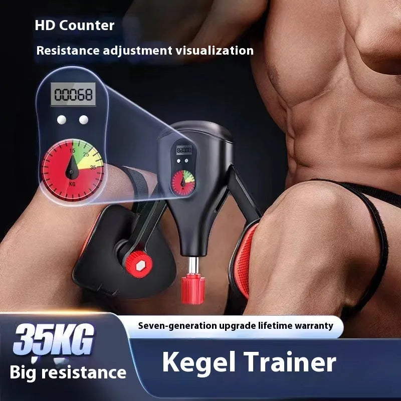 Men's black and grey Kegel trainer exercise equipment with adjustable straps and handle.