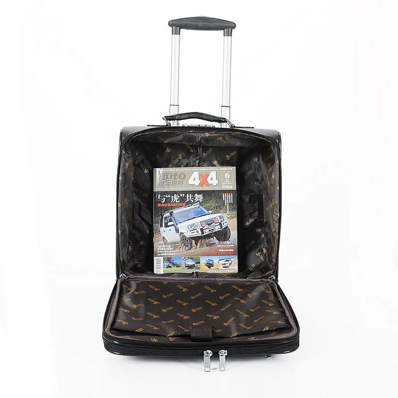 Black PU leather wheeled business case with combination lock and extendable handle.