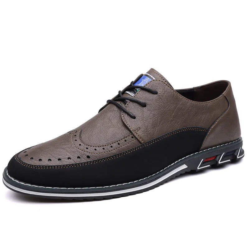 Men's black leather slip-on shoes with rubber sole and decorative sewing lines on fabric upper