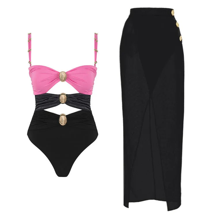 Women's solid colour one-piece swimsuit with gold button and matching skirt in black, blue, brown, or pink.