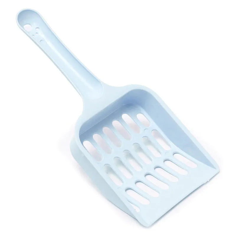 Plastic cat litter scoop in blue colour showing 20cm length for litter box cleaning