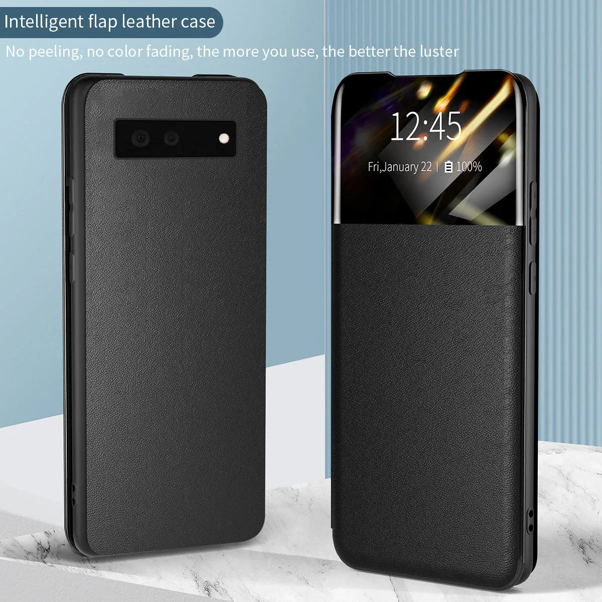 Card flip protective case for Google Pixel 6 in solid black colour, showing the PU leather front cover with card slots and the hard PC back shell