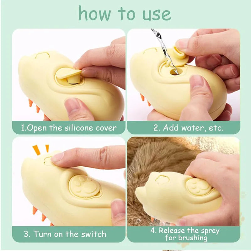 3-in-1 steam pet brush with ergonomic handle for grooming cats and dogs