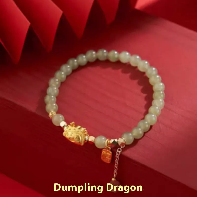 Chinese style Hetian jade and red agate bracelet with lucky blessing card and dragon charm, 925 silver and gold plated