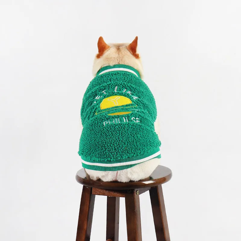 Green fleece-lined dog coat for winter, available in sizes L to 4XL, made of cotton and polyester
