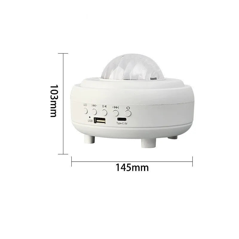 Galaxy star projector night light showing starry sky effects with 7 light patterns and a 5W speaker in white rechargeable finish
