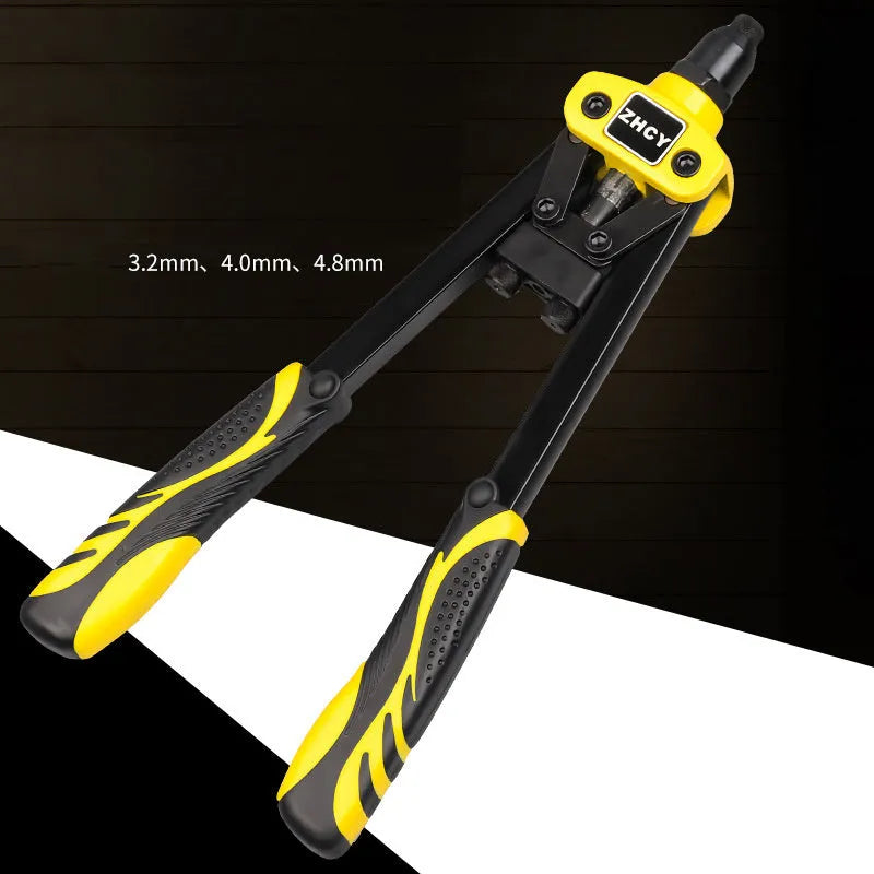 Yellow 13-inch manual rivet gun with three nozzle tips for 3.2mm 4.0mm 4.8mm rivets