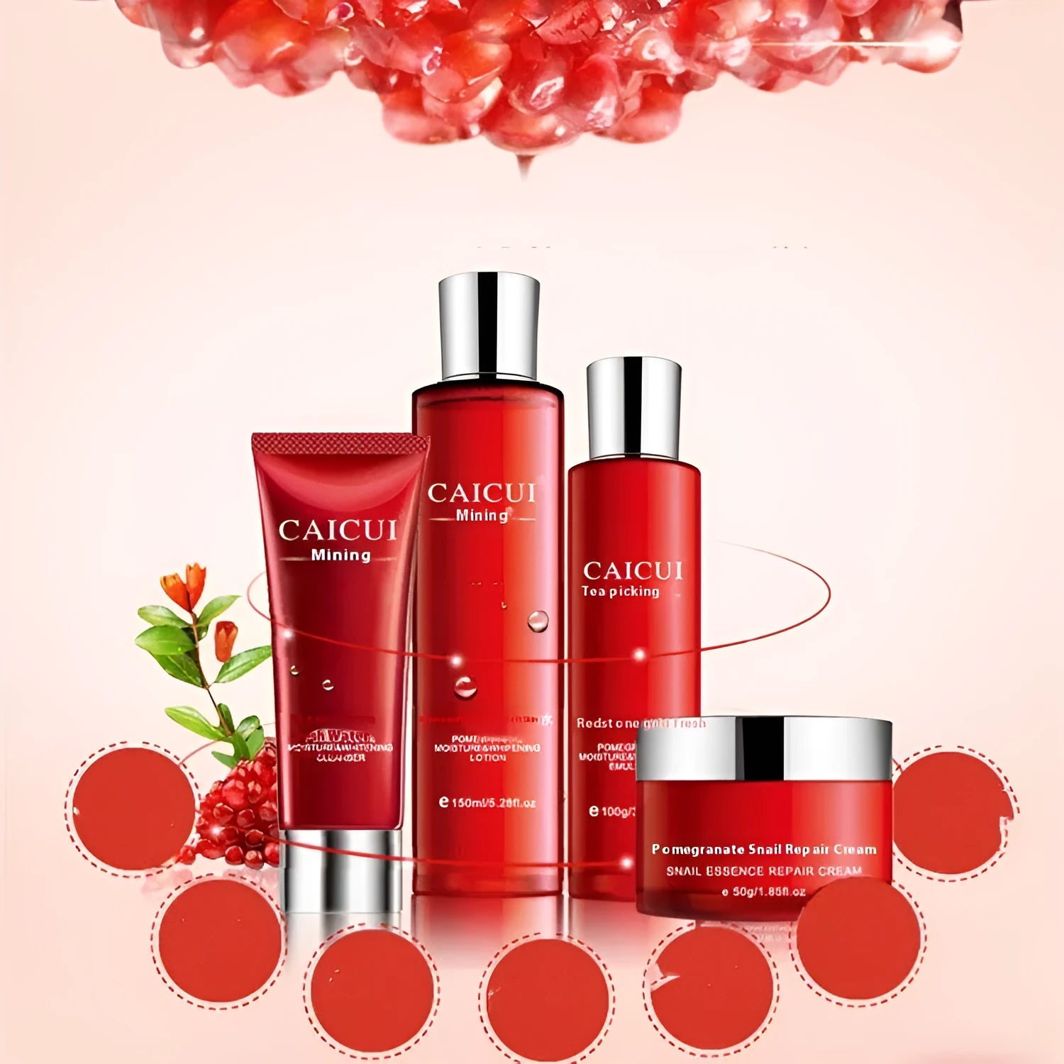 Pomegranate set moisturising cosmetics skincare products face wash toner lotion facial cream red packaging
