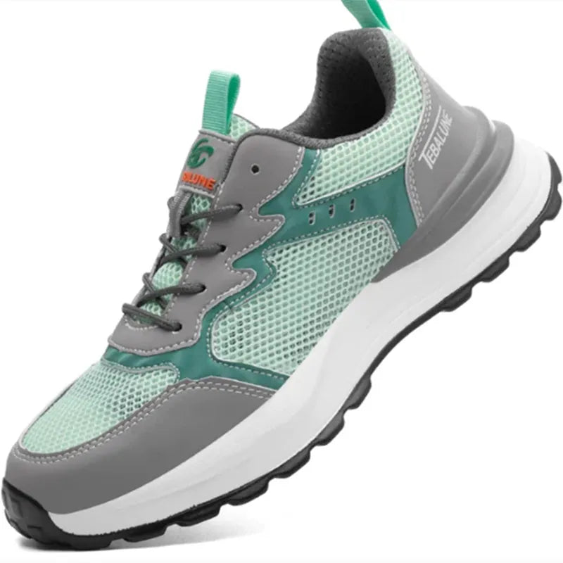 Green low-top anti-smash work shoes with plastic steel toe, microfiber leather and flyknit mesh upper, TPU sole, side view