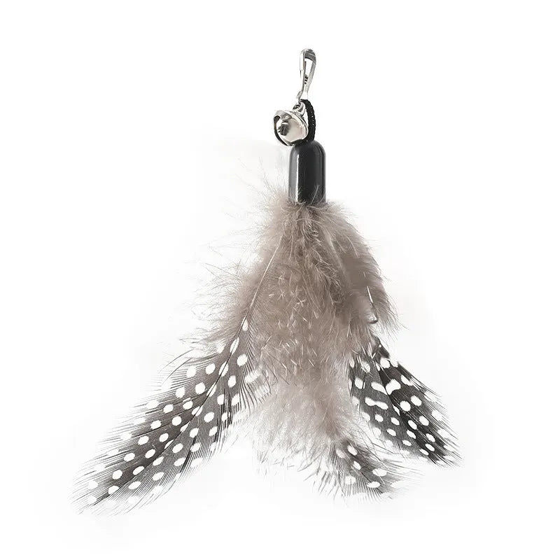 Wooden handle spring cat teasing stick with feather bell replacement head interactive kitten toy