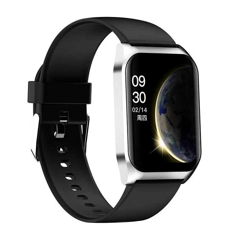 Black smart watch with 1.69-inch touchscreen display and silicone wristband