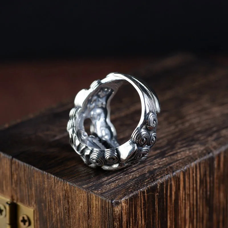 Personalised silver open ring with detailed Chinese zodiac jibeast Goat pattern.