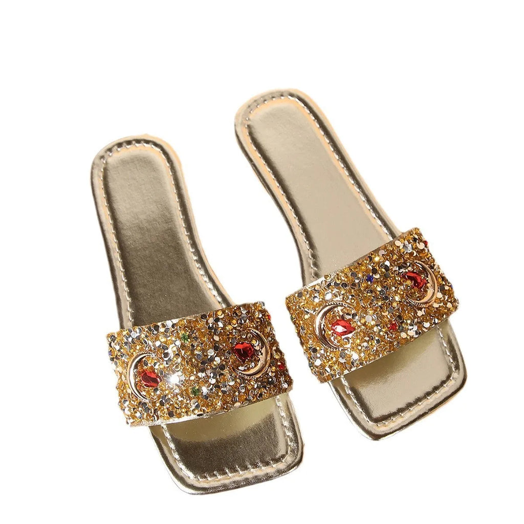 Women's gold rhinestone flat slippers with PU upper and rubber sole, size 36 to 43