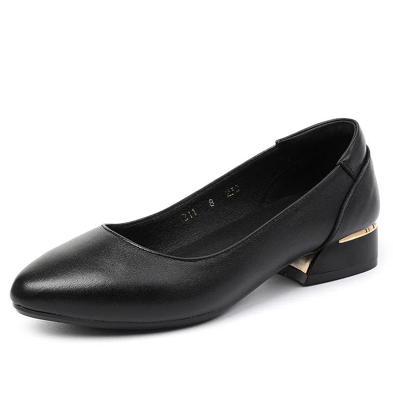 Beige flat pointed low-cut cowhide leather shoes with buckle closure and low heel on a white background