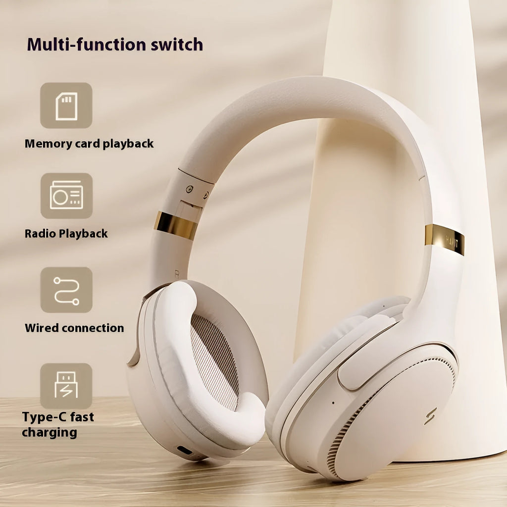 Wireless Bluetooth headphone head-mounted gaming headset in cream colour, PC ABS material, with noise reduction microphone.