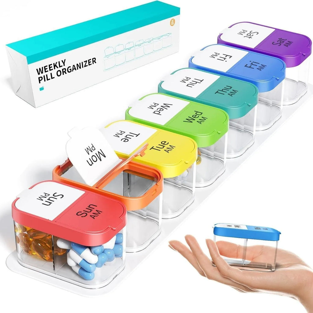 Amazon extra large pill dispenser with 14 removable compartments in white or rainbow colour
