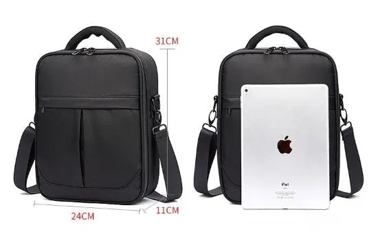 Black Oxford fabric men's messenger shoulder bag showing front compartment and shoulder strap.
