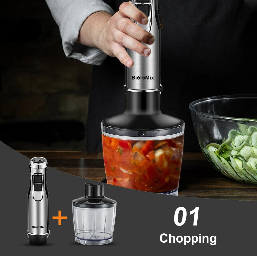 Biolomix silver 4-in-1 hand held immersion blender with stainless steel shaft and whisk on a kitchen counter