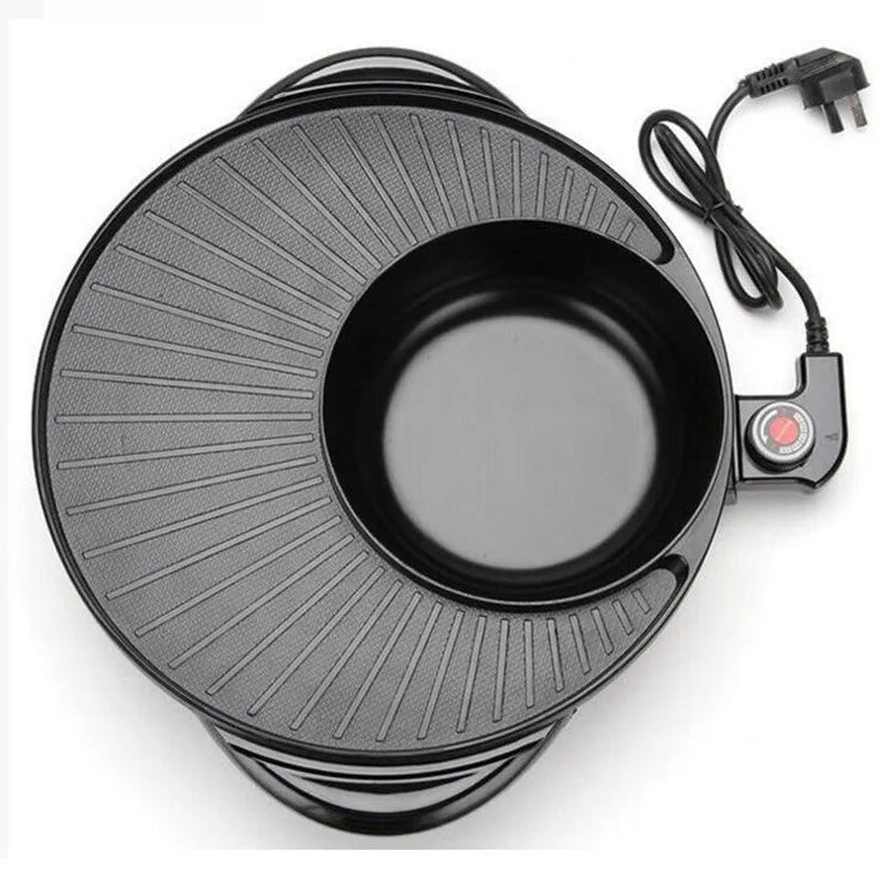Black Korean-style multifunctional electric hot pot and grill with 5L capacity, 1400W, aluminium alloy inner pot, and wave-plate baking tray