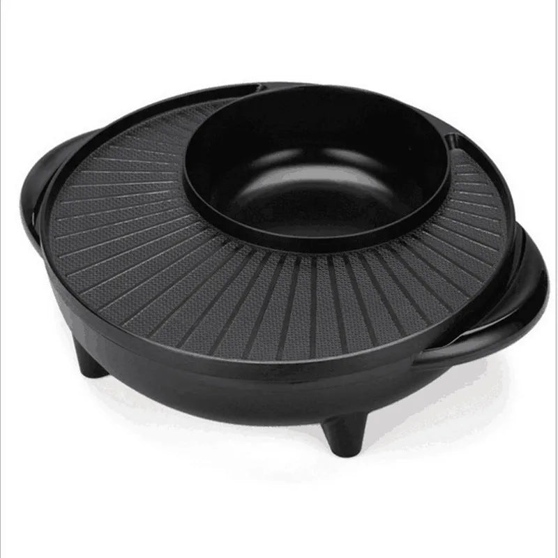 Black Korean-style multifunctional electric hot pot and grill with 5L capacity, 1400W, aluminium alloy inner pot, and wave-plate baking tray