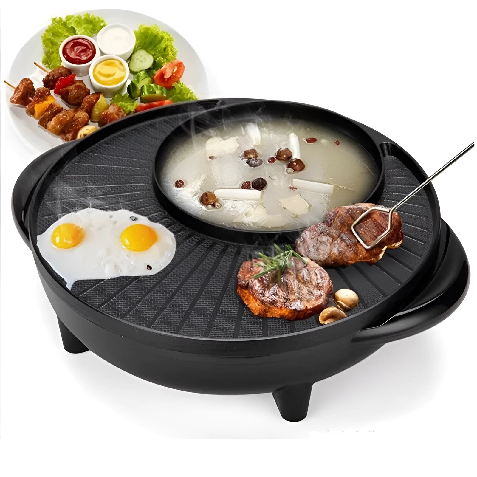 Black Korean-style multifunctional electric hot pot and grill with 5L capacity, 1400W, aluminium alloy inner pot, and wave-plate baking tray