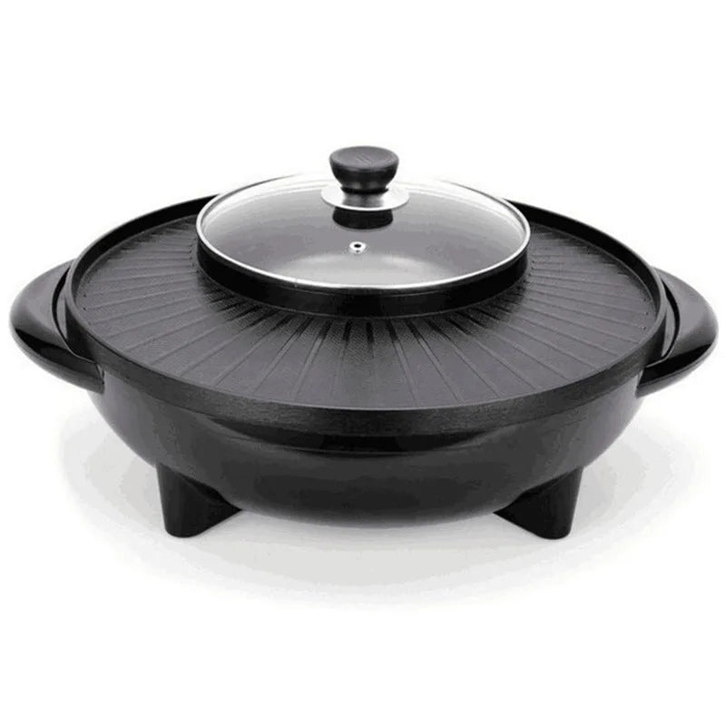 Black Korean-style multifunctional electric hot pot and grill with 5L capacity, 1400W, aluminium alloy inner pot, and wave-plate baking tray