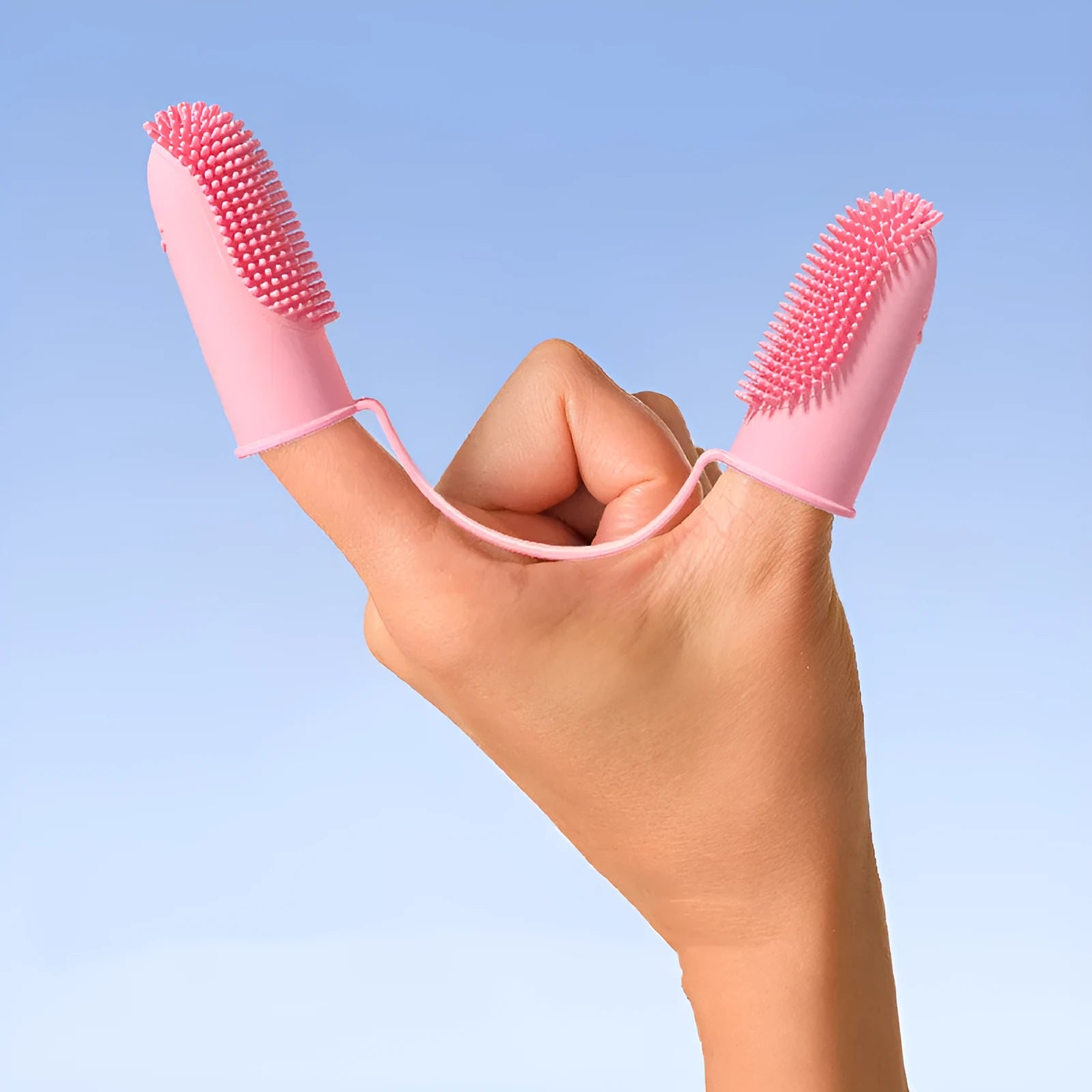 Pet tooth cleaning finger set with double finger TPR toothbrush in pink, blue green, and grass yellow