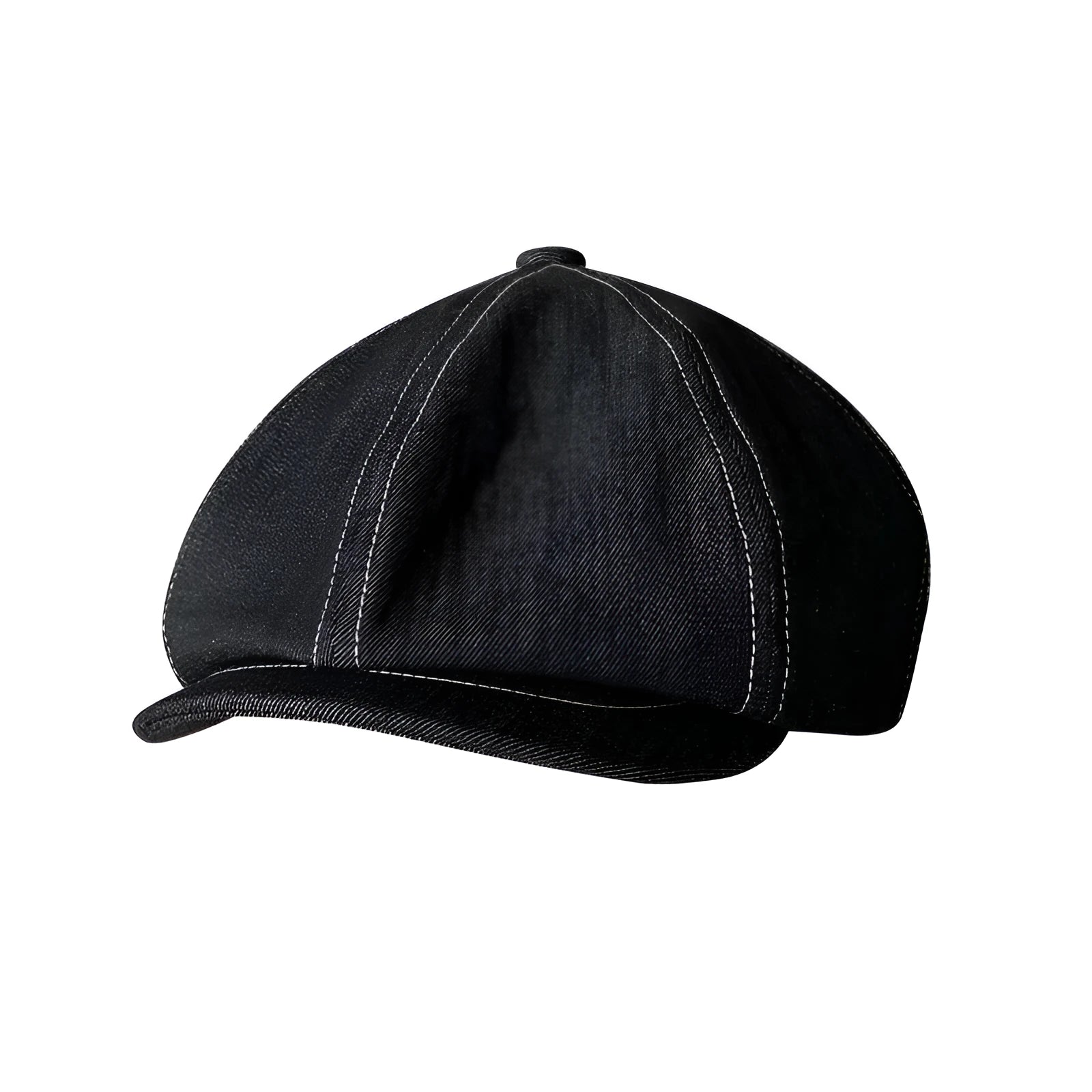Black octagonal beret hat made from Japanese Denim cotton fabric, shown on a head model.