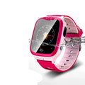 Children's phone watch with pink silicone strap showing HD touchscreen and camera