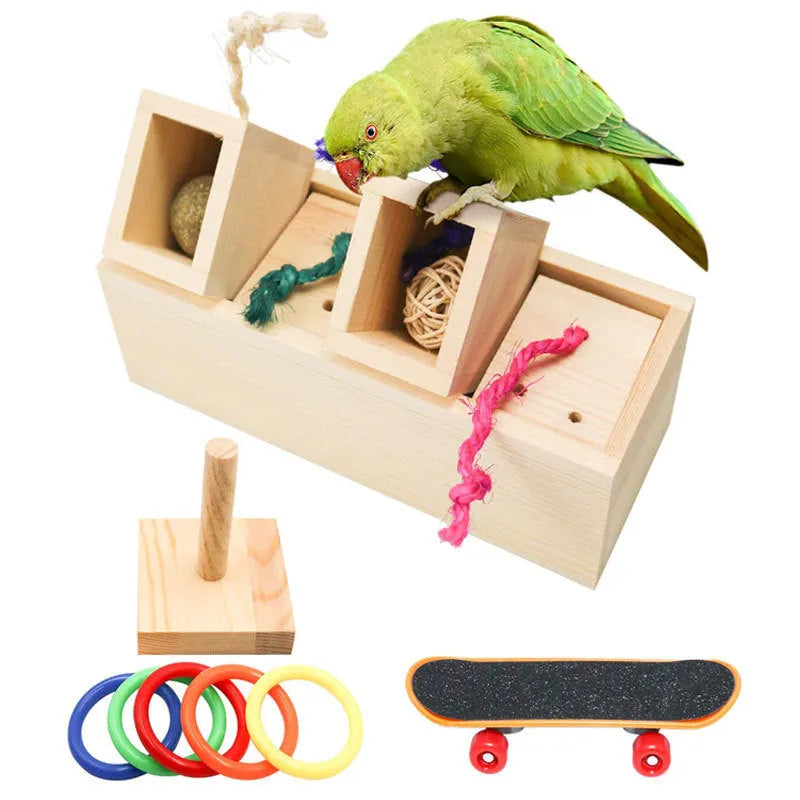 Wooden parrot toy puzzle training set with 3 pieces on a light background