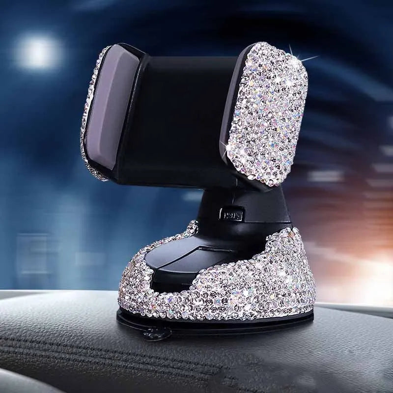 Multifunctional diamond-encrusted car phone holder for air vent dashboard windshield with crystal rhinestone finish and padded grip