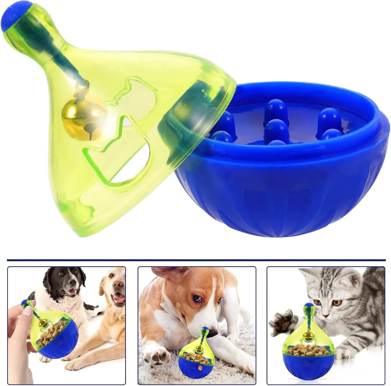 Blue tumbler-shaped interactive treat dispenser ball for dogs and cats on a wooden floor