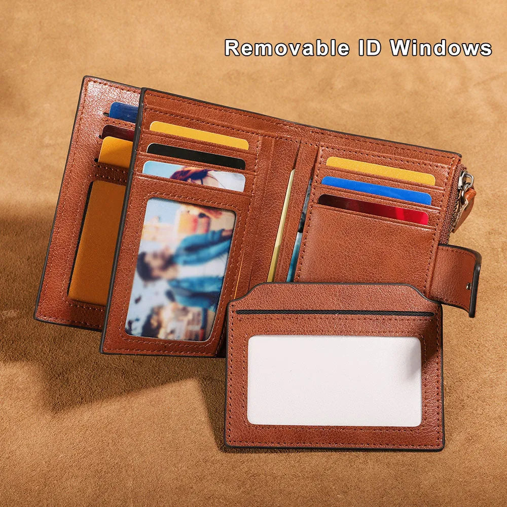 Men's genuine leather wallet in brown with retro stitching, zippered coin purse, and two-fold design