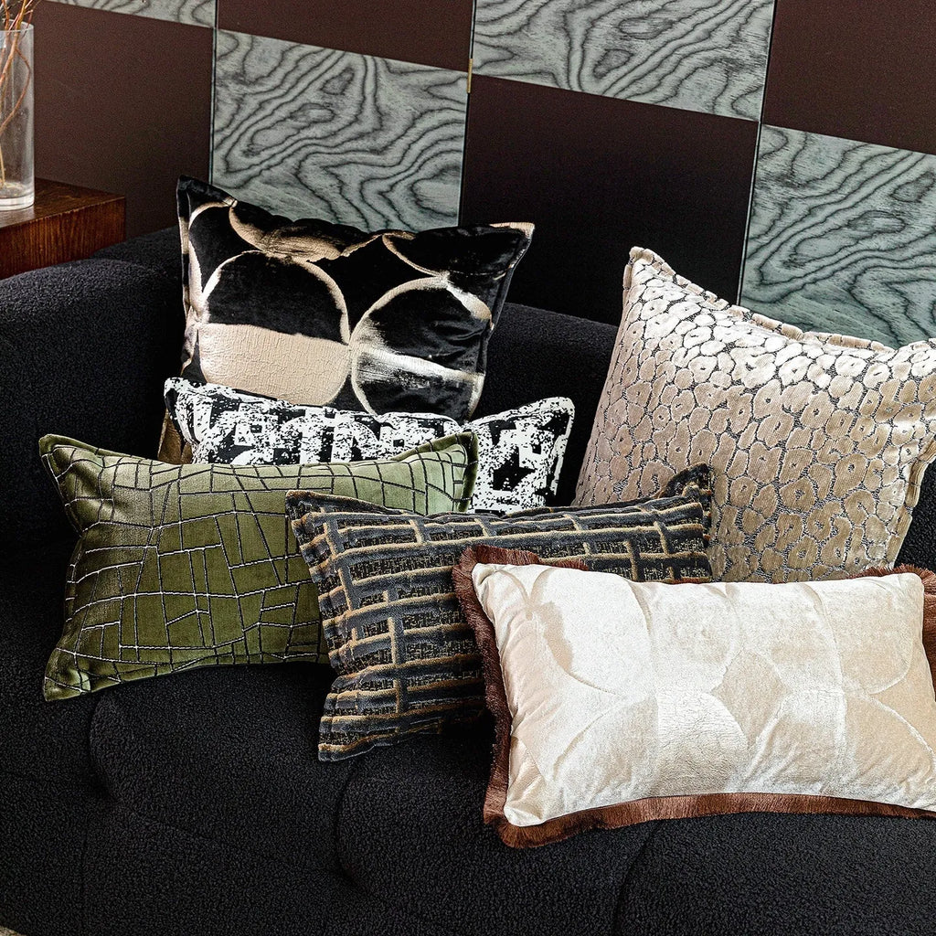 Black gold abstract pattern decorative flannel cushion with removable cover in three sizes.