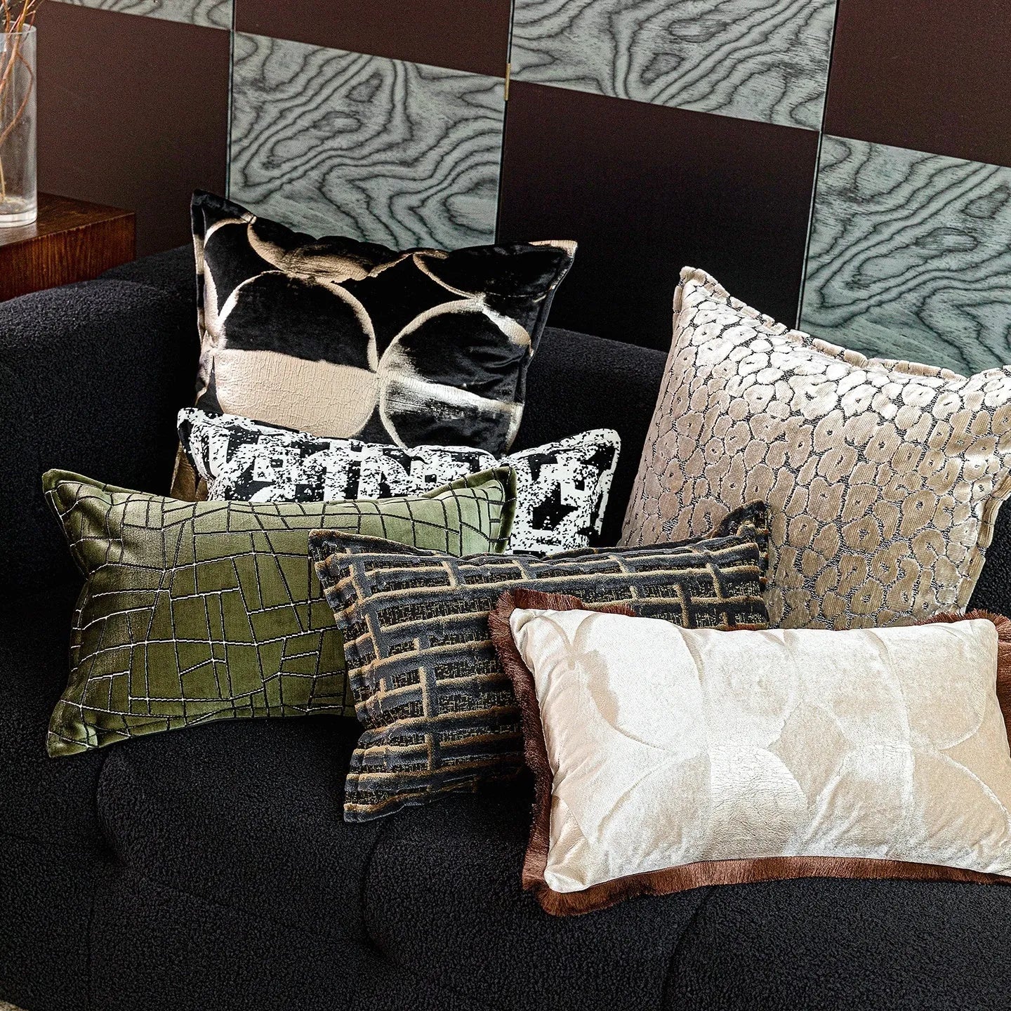 Black gold abstract pattern decorative flannel cushion with removable cover in three sizes.