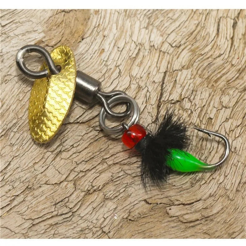 Five bionic fishing hooks with spinning sequins in multicolour mosquito and fly patterns