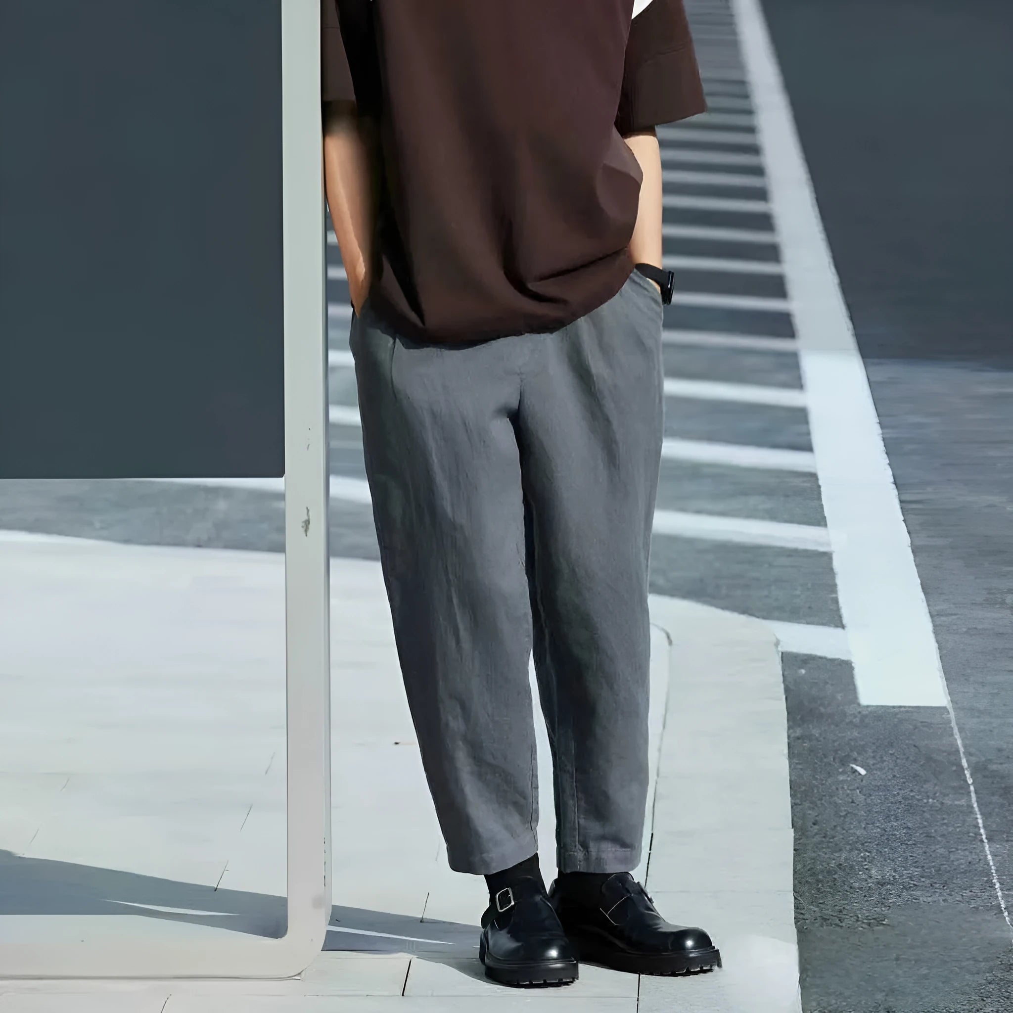 Men's loose straight casual pants in beige colour with drawstring waistband