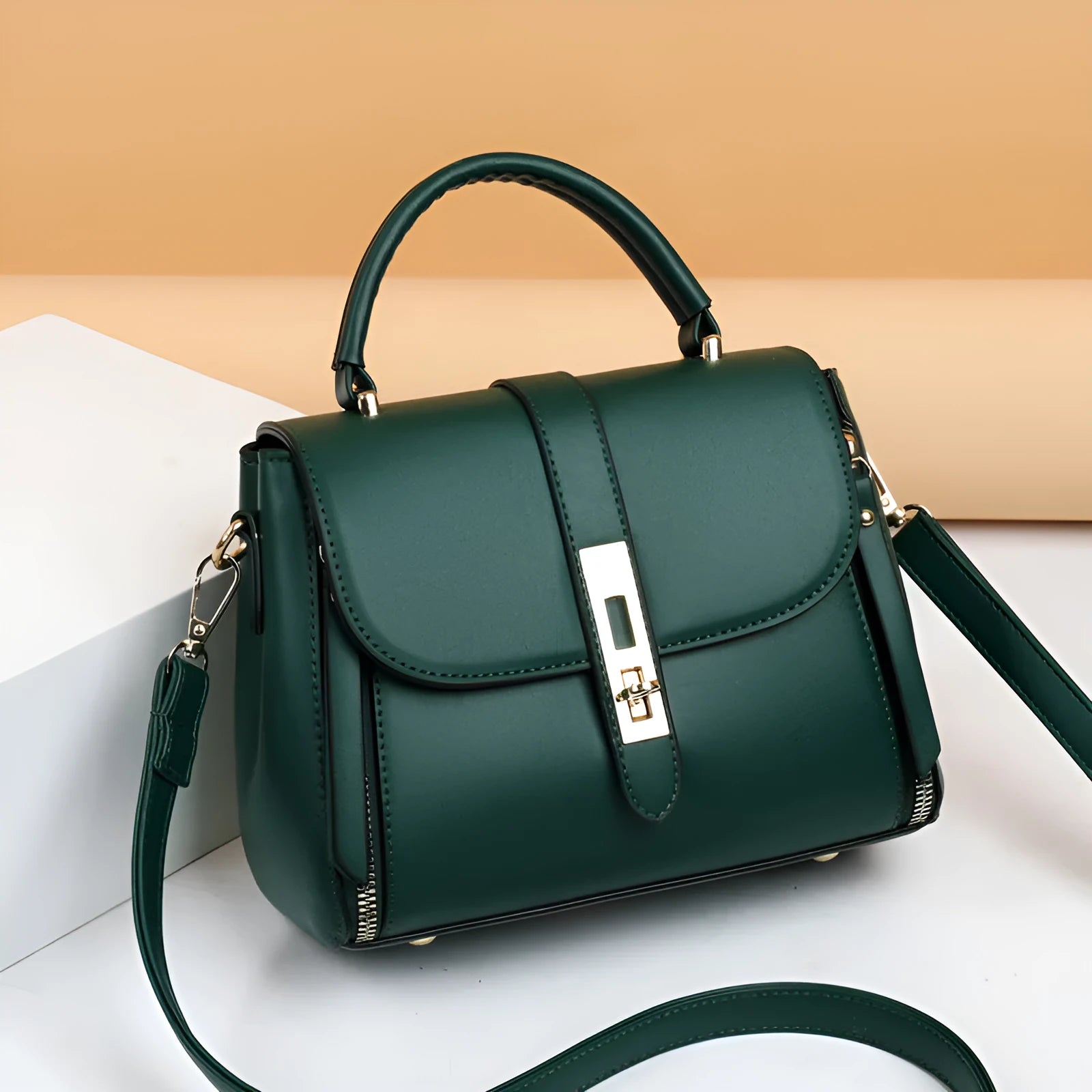 Soft black PU leather women's messenger bag with a single strap, shown in a square vertical shape.