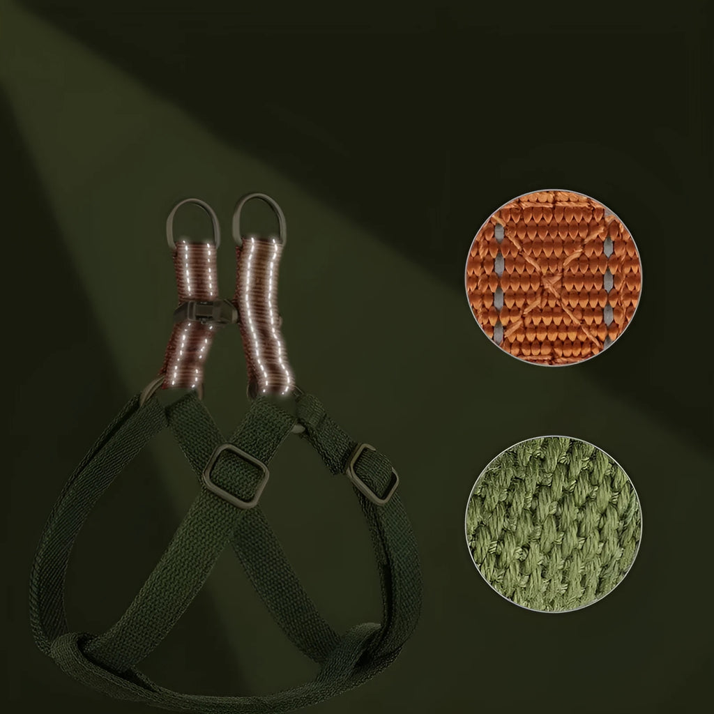 Brown vest-style anti-loss dog leash with cotton belt and nylon construction showing alloy fastener