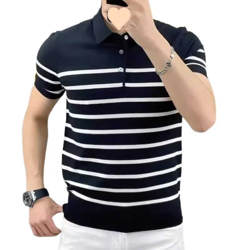 Men's black and white striped knit T-shirt with collar lapel detail