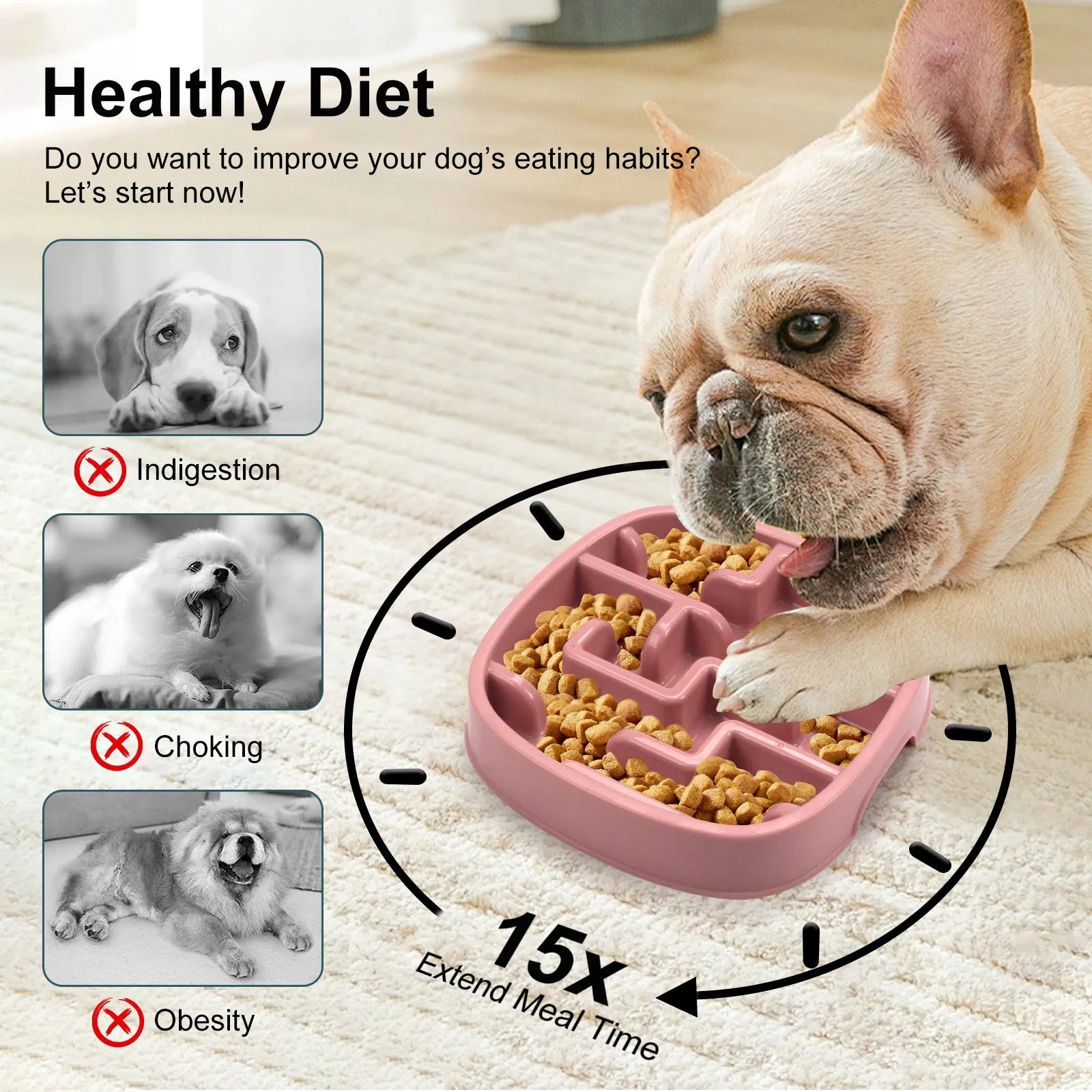 Macaron Green slow feeding bowl with maze pattern for dogs and cats, 18.5cm diameter, non-slip base