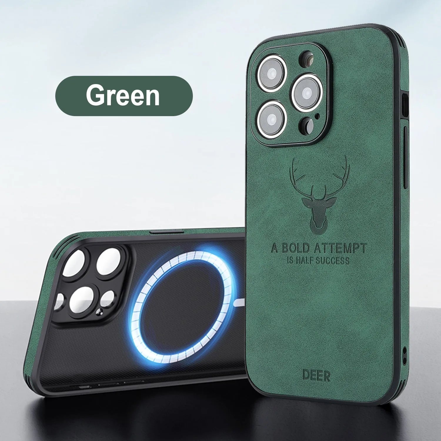 iPhone 16 magnetic charging case with embossed moose head design on imitation leather in multiple colour options